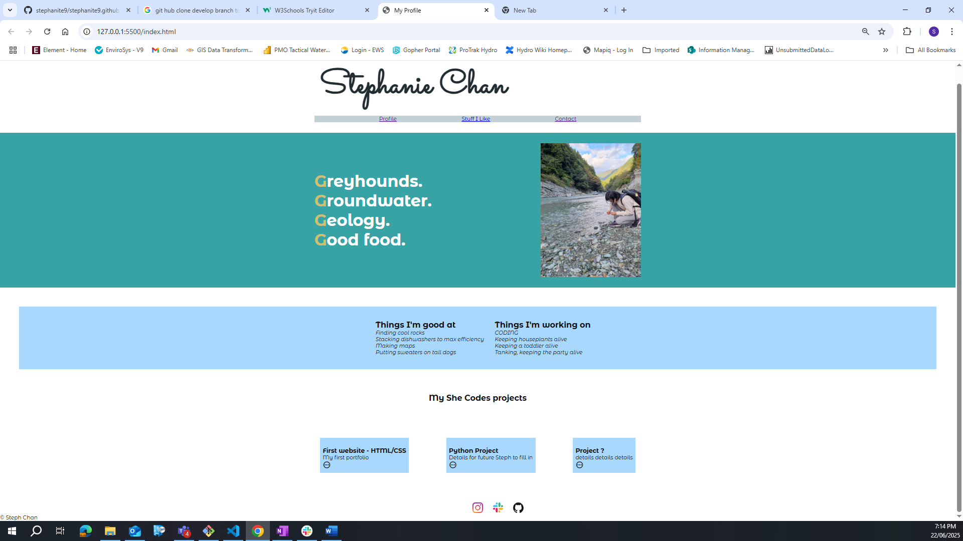 screenshot of portfolio home page with blue theme, main header of name Stephanie Chan
